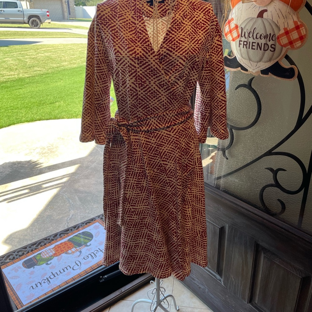 Betabrand Go Red Wrap dress. Sz. Med. fleece lined. Bell sleeves.